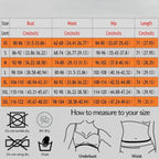 Medical grade waist trainer Size chart for clothing with measurements in centimeters and inches, including washing instructions.