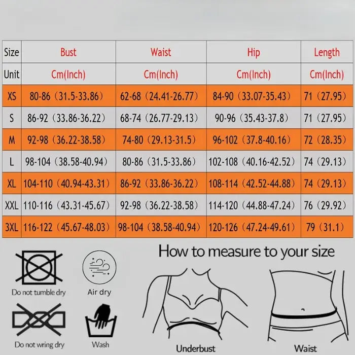 Medical grade waist trainer Size chart for clothing with measurements in centimeters and inches, including washing instructions.