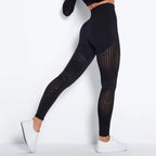 Mesh panel high-waist legging in classic black with breathable mesh and high-performance comfort.