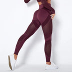 Mesh panel high-waist legging in burgundy with sculpting fit and see-through mesh texture.