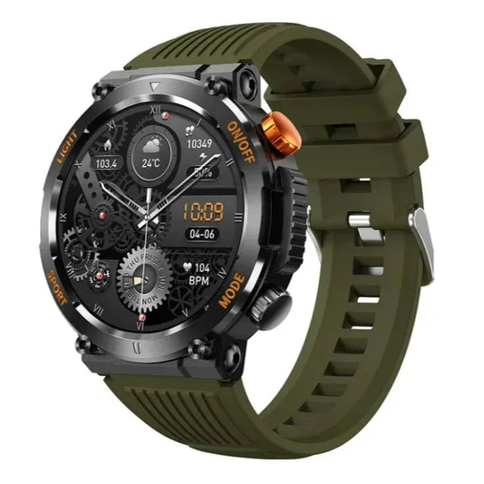 Military-style smartwatch with green strap, complex digital display showing time, date, temperature, steps, and heart rate information