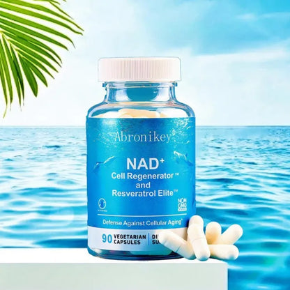 Blue bottle of NAD+ Cell Regenerator and Resveratrol capsules for cellular aging defense, 90 capsules.