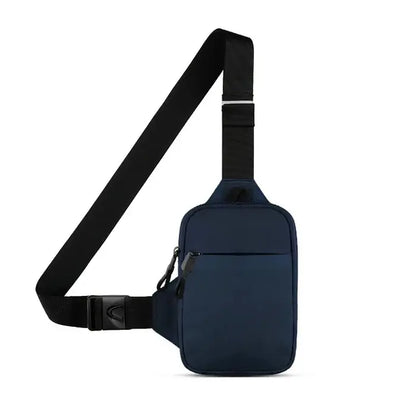 Compact navy blue sling bag with black adjustable strap, front pocket, and main compartment for daily essentials