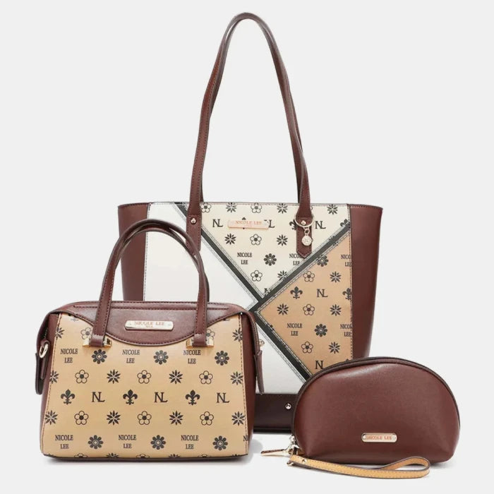 Brown and beige patterned tote bag, satchel, and cosmetic pouch set with floral and monogram print