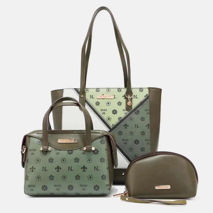 Nicole Lee Olive green patterned tote bag, satchel, and cosmetic pouch set with floral and monogram print