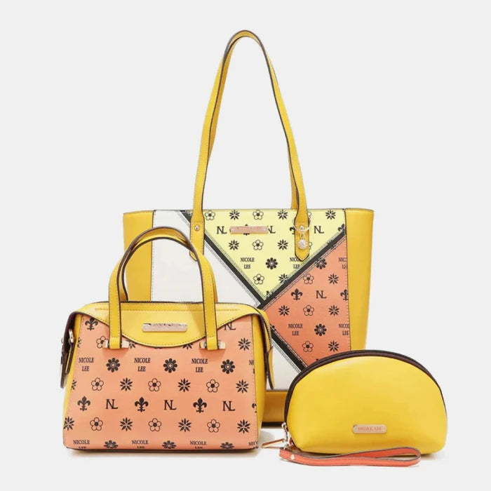 Nicole Lee Yellow and peach patterned tote bag, satchel, and cosmetic pouch set with floral and monogram print