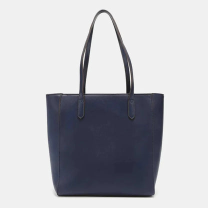 Classic navy blue leather tote bag with long handles and structured silhouette