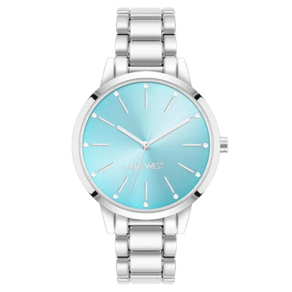 Nine West women's luxury watch with turquoise sunburst dial, crystal hour markers and polished silver stainless bracelet