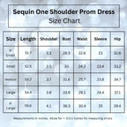 chart showing sizes extra small to extra large for Sequin One Shoulder prom dress