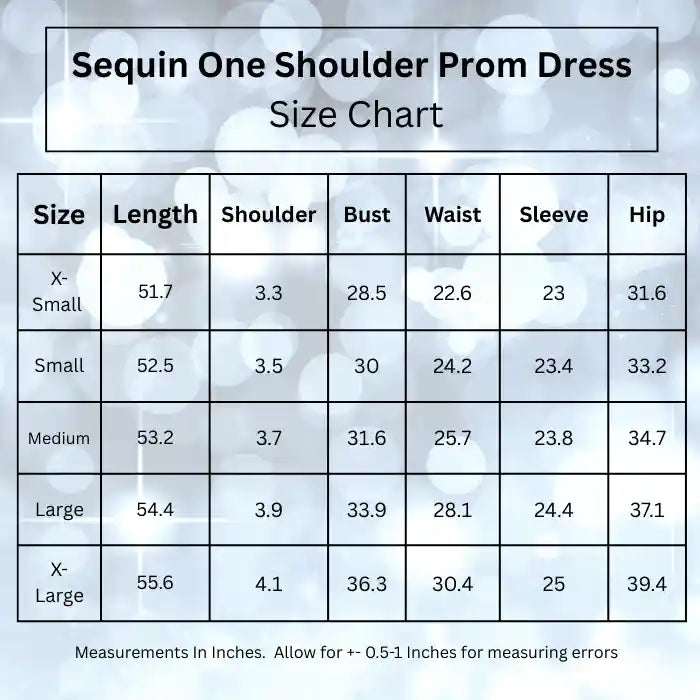 chart showing sizes extra small to extra large for Sequin One Shoulder prom dress