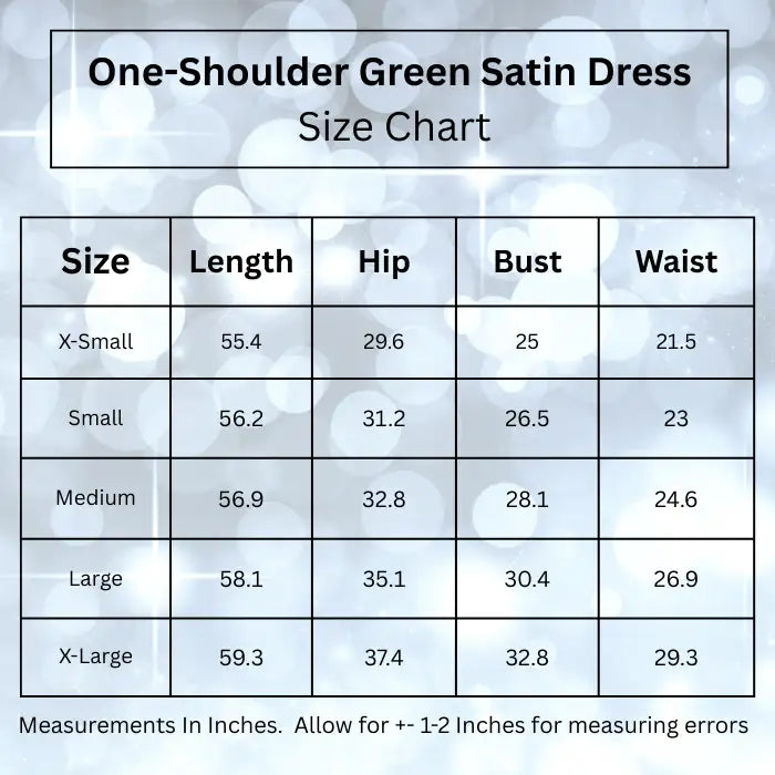 One shoulder green satin dress chart displaying measurements for different sizes all in inches