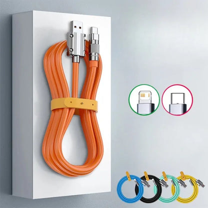 Orange 120W fast charging cable with wall storage, compatible with iOS and USB-C.