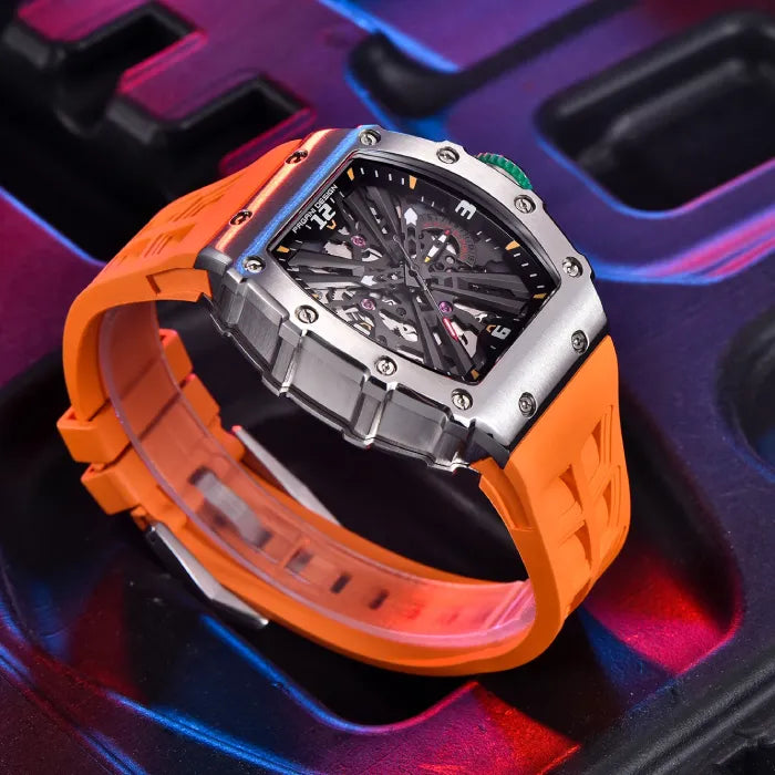 Orange Pagani Design watch on a multicolored background, highlighting its vibrant strap.