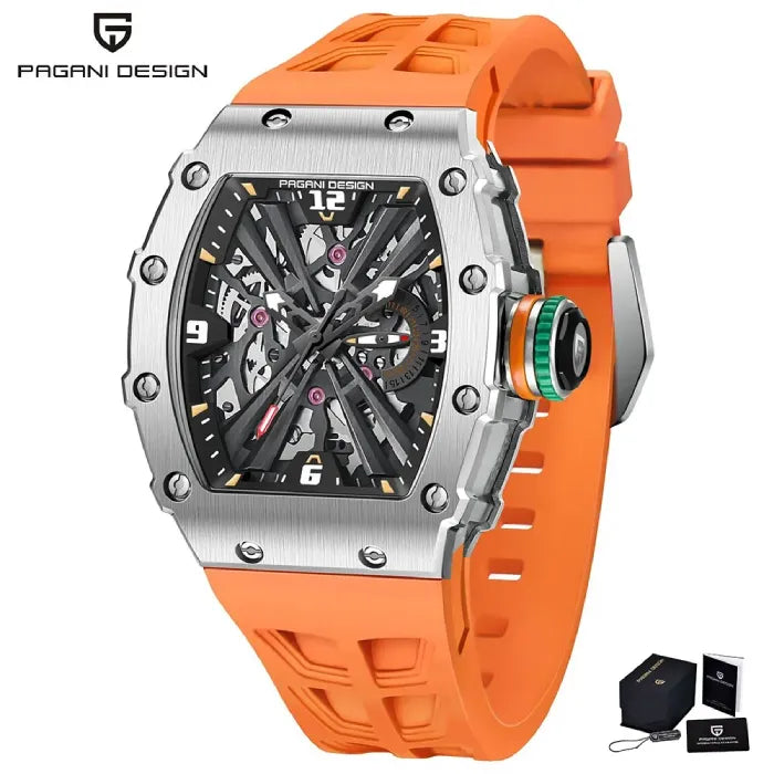 Vibrant orange Pagani Design watch featuring a detailed skeleton dial and modern style.