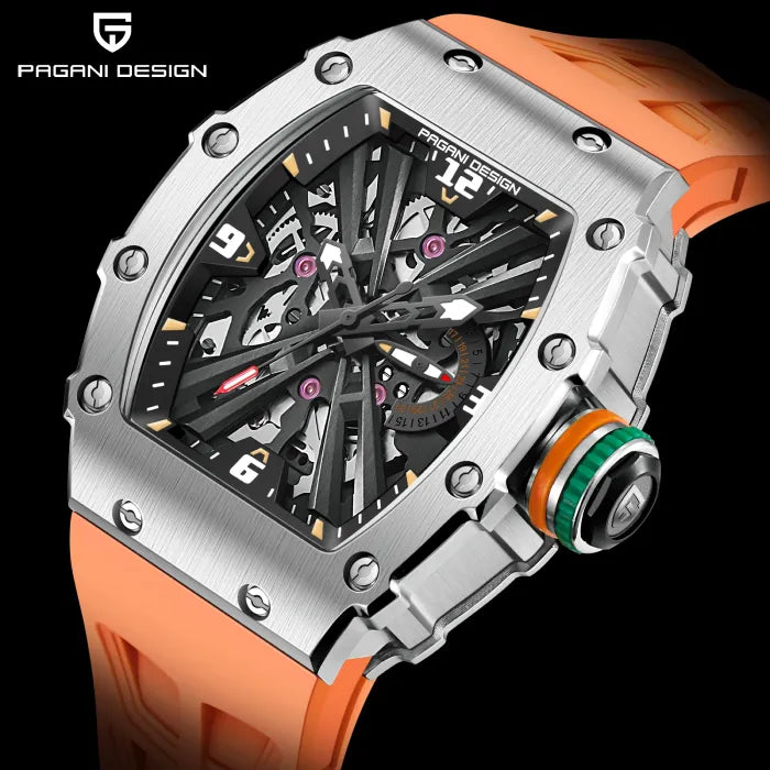 Eye-catching orange strap on a Pagani Design watch with a visible skeleton mechanism.