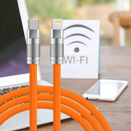 Orange 120W fast charging cable with Type C to iOS connectors, featuring 6.0 bold wire.