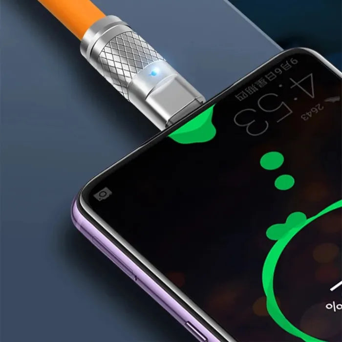 Orange USB charging cable with convenient indicator light for easy night-time charging.