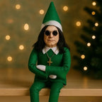 Ozzy Osborne Elf on the shelf doll wearing green outfit and hat with soft Christmas light background