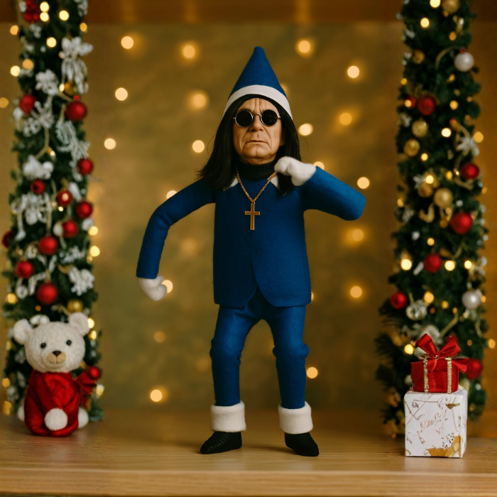 Action figure in blue outfit with festive decorations in the background