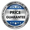 Price guarantee badge with stars and text on a blue and silver background