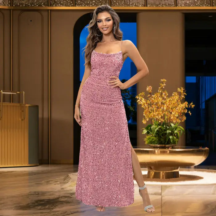 Rose pink sequin prom dress with fitted column silhouette, straight neckline and elegant side slit, creating continuous shimmer effect for formal wear