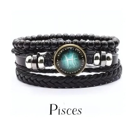 vintage leather bracelet with the Pisces zodiac sign with adjustable leather strap