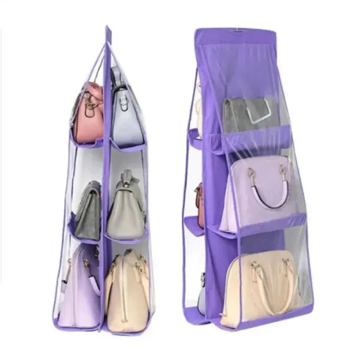 Purple organizer showcasing different handbags