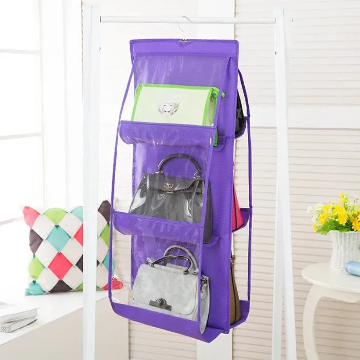 Purple organizer showcasing different handbags.