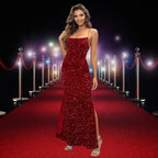 Stunning red sequin prom dress with fitted silhouette, spaghetti straps and elegant side slit, perfect for formal occasions and special events