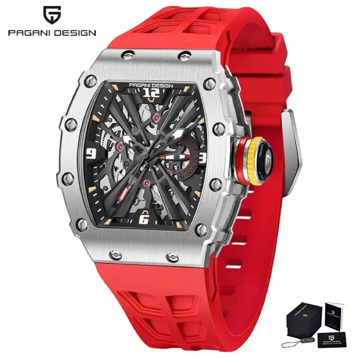 Sporty red Pagani Design watch with a bold skeleton dial for active wear.