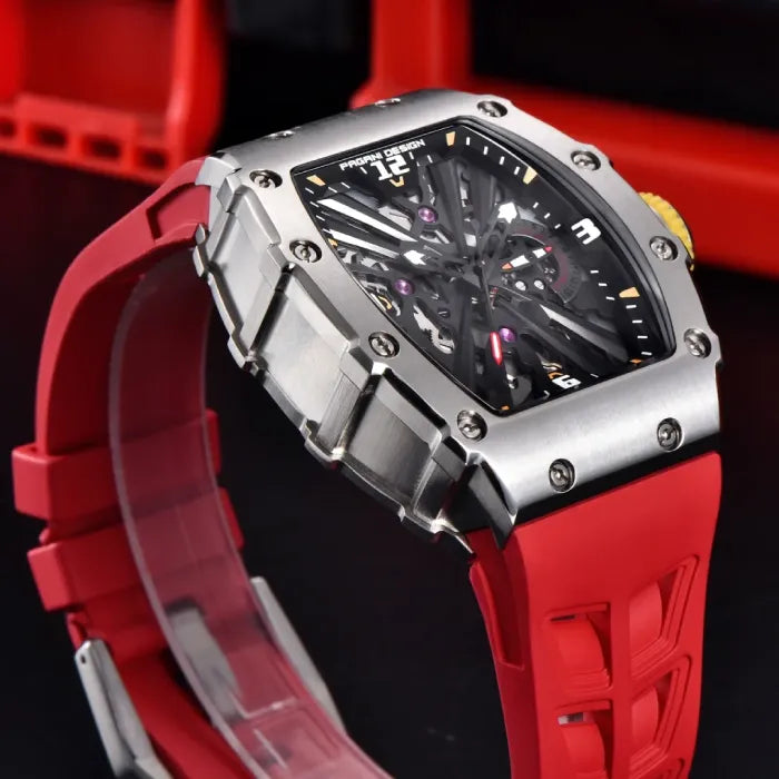 Side view of a red Pagani Design watch highlighting its rugged case design.