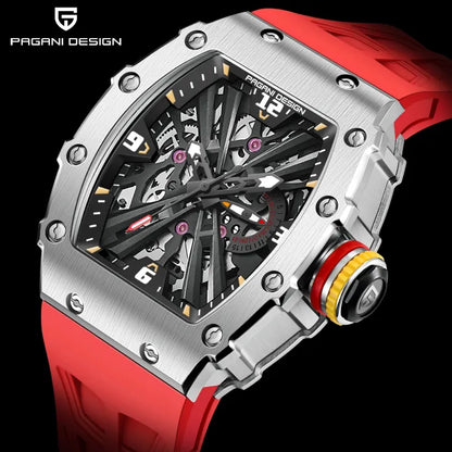 Close-up of a Pagani Design watch with a red strap, showcasing its intricate skeleton dial.