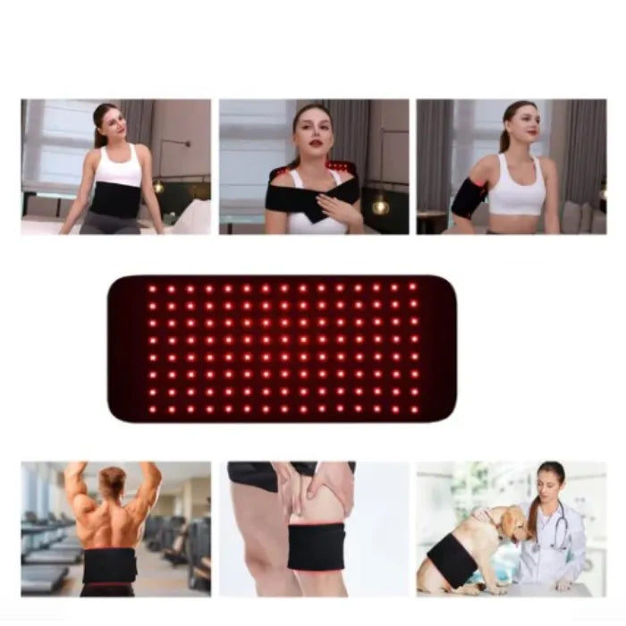 Collage showing various applications of red light therapy devices for different body parts and users