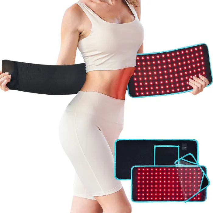 Woman demonstrating application of red light therapy belt on waist, with close-up of device features