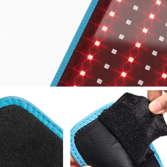 Close-up of red light therapy pad construction, showing LED arrangement, fabric texture, and attachment method