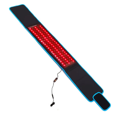 Elongated red light therapy pad with blue trim, black fabric exterior, and attached controller for targeted treatment