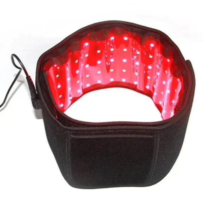 Black wrap-around device with intense red LED lights for targeted pain relief and muscle recovery