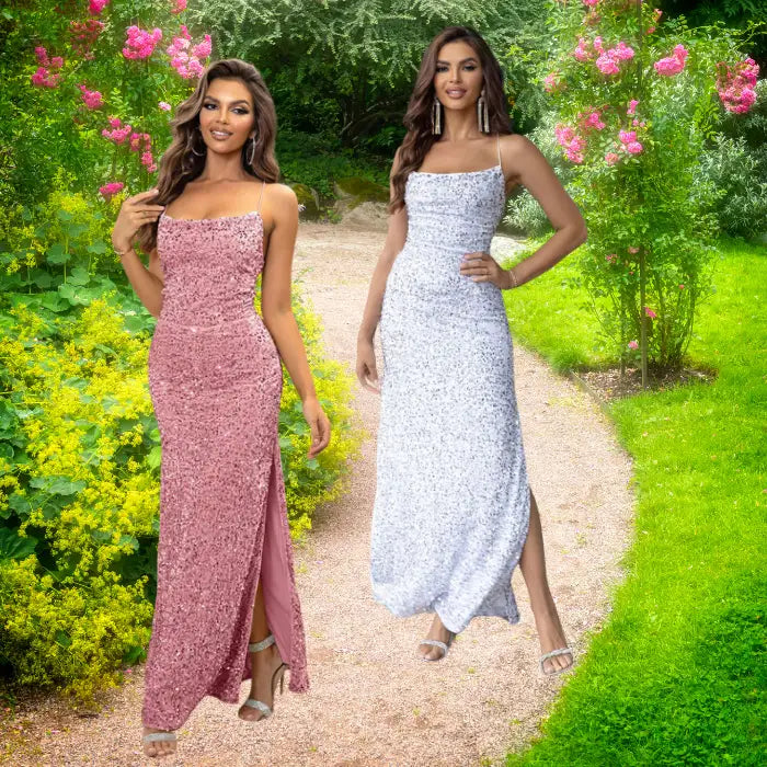Glamorous rose and silver sequined elegant prom dresses 2025 featuring spaghetti straps and side slits, styled in romantic garden backdrop