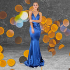 Model wearing the royal blue satin V-neck maxi gown, highlighting the rich color and elegant fit. Buy this beautiful formal dress online.