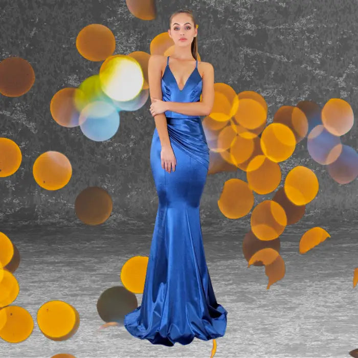 Model wearing the royal blue satin V-neck maxi gown, highlighting the rich color and elegant fit. Buy this beautiful formal dress online.