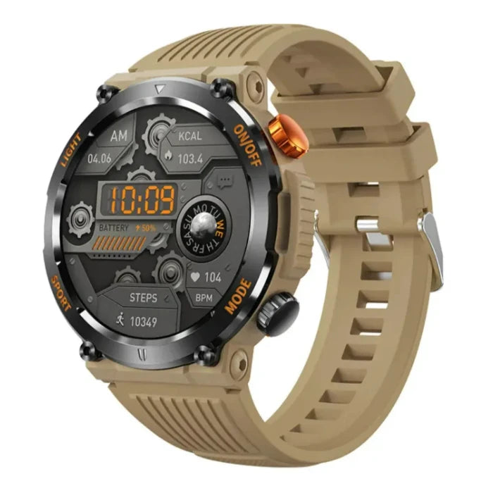 Rugged smartwatch with tan strap, digital display showing fitness stats, orange accents, and multiple buttons for outdoor use