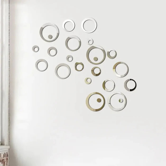 Set of round mirror in various sizes arranged in a scattered pattern on a white background for wall decoration