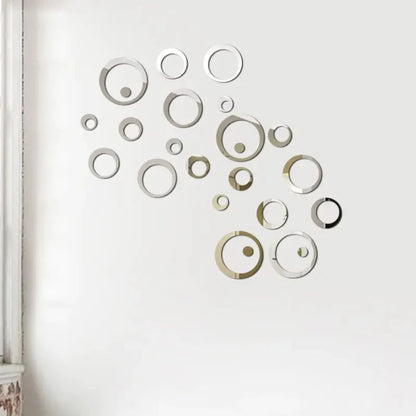 Set of round mirror in various sizes arranged in a scattered pattern on a white background for wall decoration