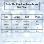 Detailed dimension table for the A27 satin prom dress. Shows S, M, L, XL sizes with bust, waist, and length measurements.