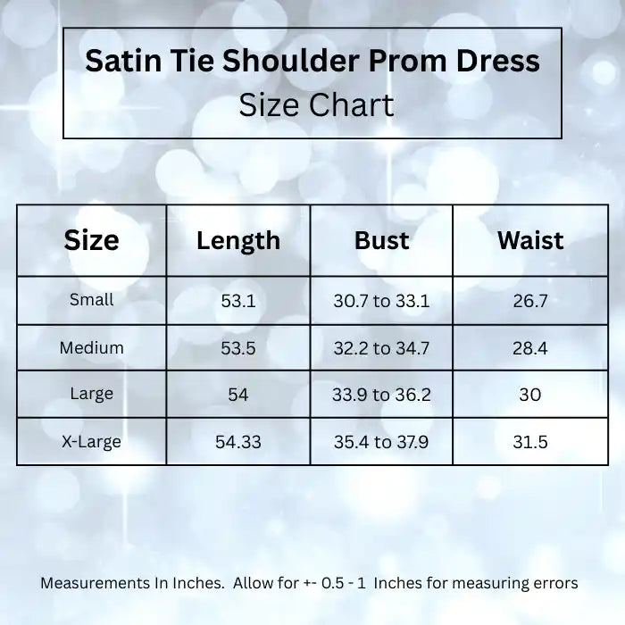 Detailed dimension table for the A27 satin prom dress. Shows S, M, L, XL sizes with bust, waist, and length measurements.