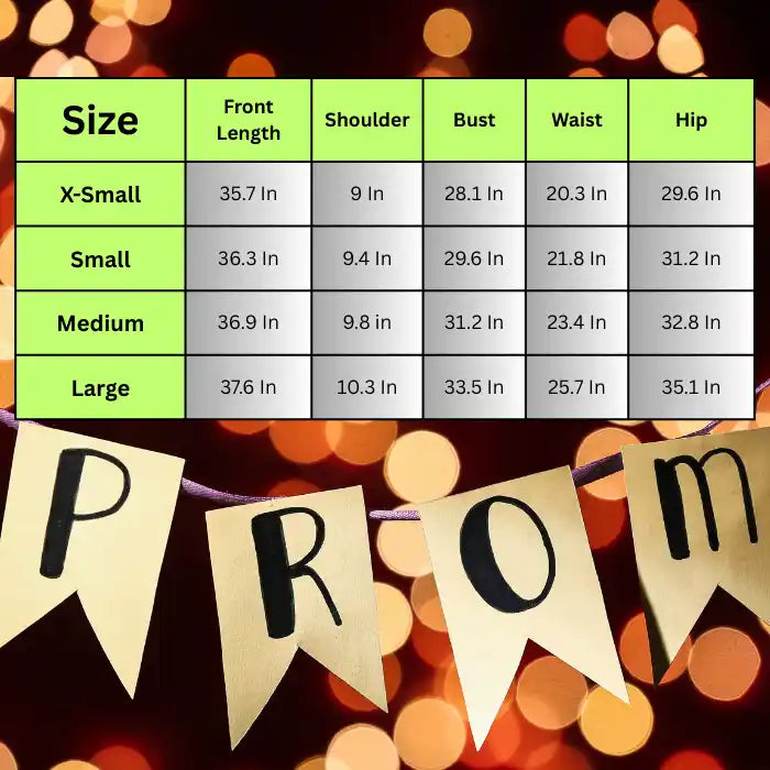 Sequin Burgundy Prom dress size chart showing size specifications from Extra small to Large