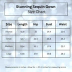Detailed size chart for stunning sequin prom dress showing measurements for XS to L sizes, including length, hip, bust and waist dimensions
