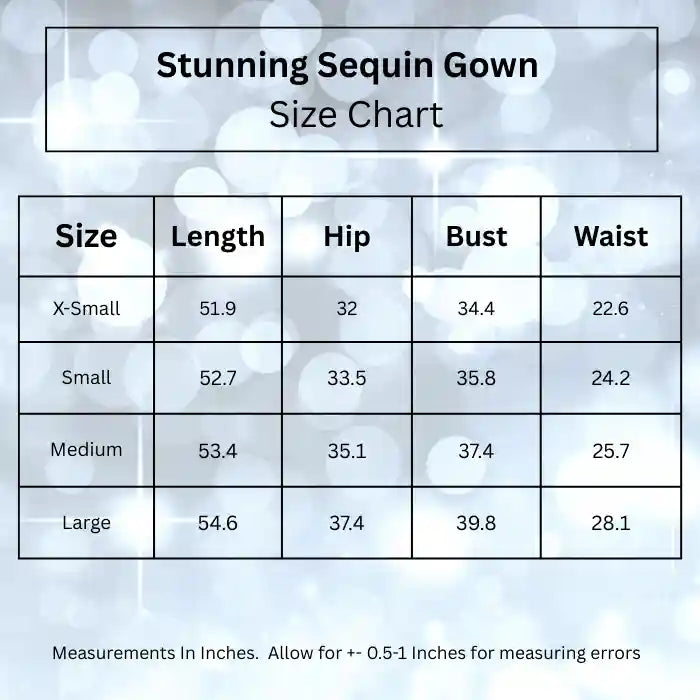 Detailed size chart for stunning sequin prom dress showing measurements for XS to L sizes, including length, hip, bust and waist dimensions