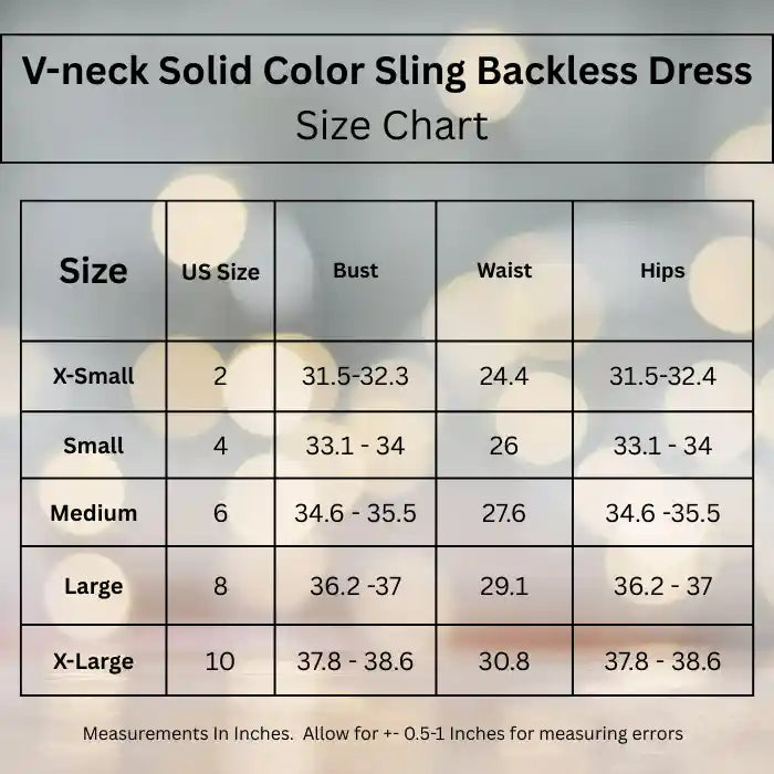Detailed size chart in inches for the V-neck solid color sling backless dress, helping you buy the perfect fitting satin formal dress online.