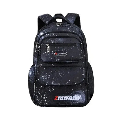 sky black backpack with starry night pattern, multiple compartments, and size specifications shown